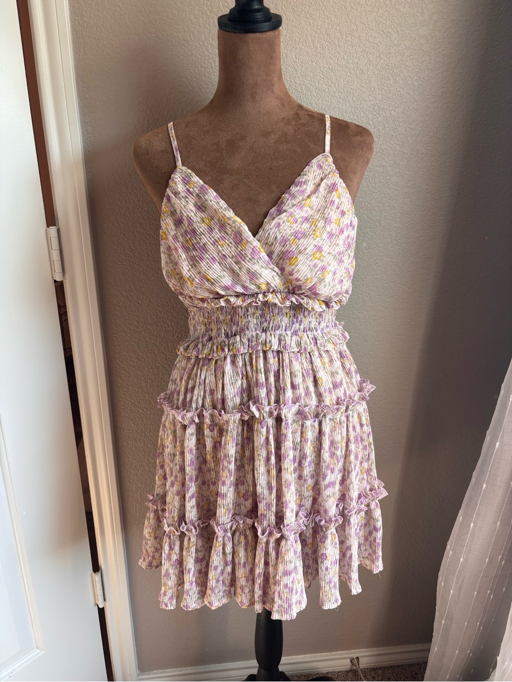 MABLE S Lavender Floral Smocked Ruffle Tiered Mini Dress